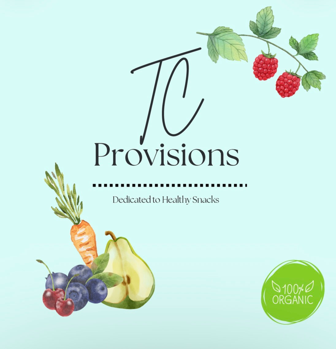 Logo of TC Provisions with fruits and vegetables on a light blue background